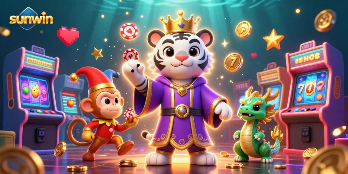 Join the fun at sunwin with this vibrant 3D casino scene featuring a royal tiger and slot game excitement!