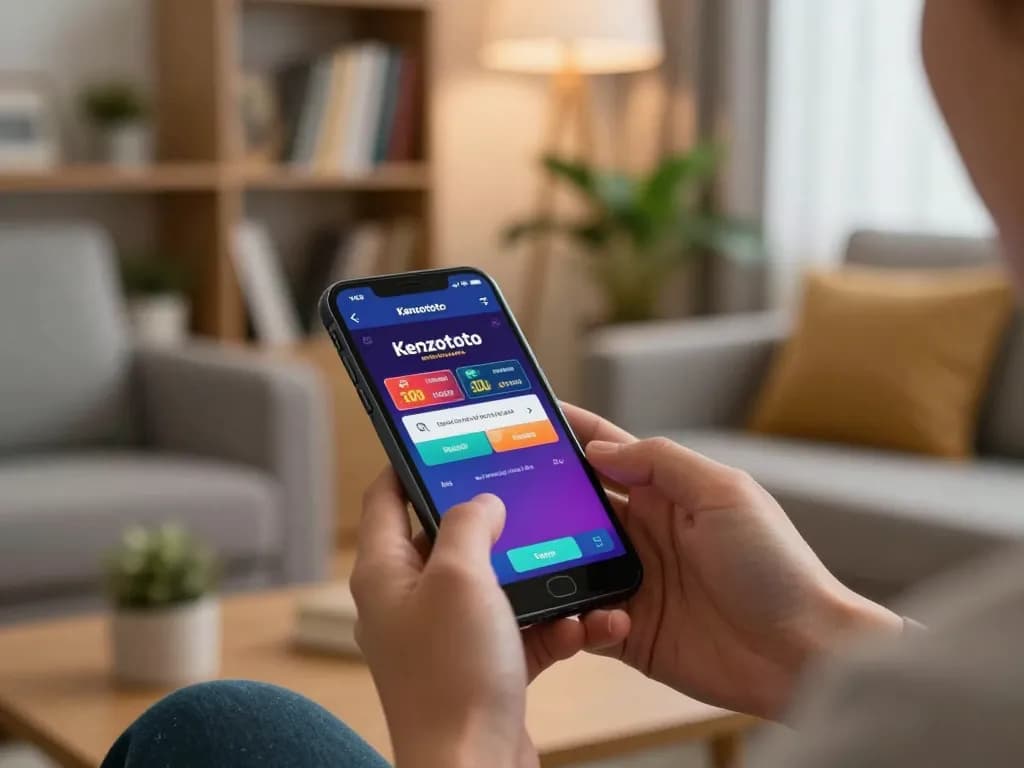 Kenzototo login di smartphone yang menampilkan strategi perjudian online di ruang tamu yang nyaman