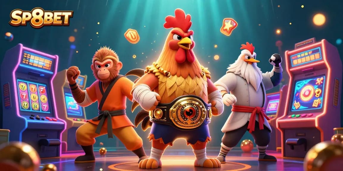 Engage with SP8BET's exhilarating casino experience featuring dynamic slot reels, colorful characters, and arcade elements.