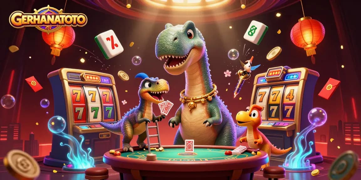 GERHANATOTO menampilkan 3D brontosaurus dan permainan slot yang menarik dalam ilustrasi kasino yang memukau.
