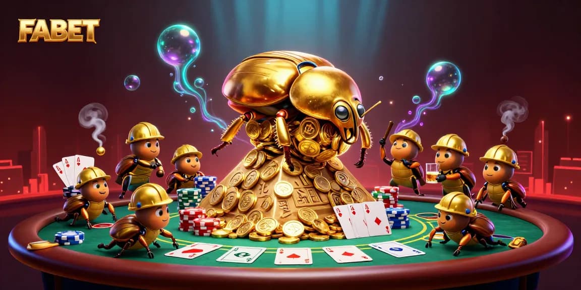 FABET showcases a cartoon beetle scene with gold coins and poker elements in vibrant 3D.