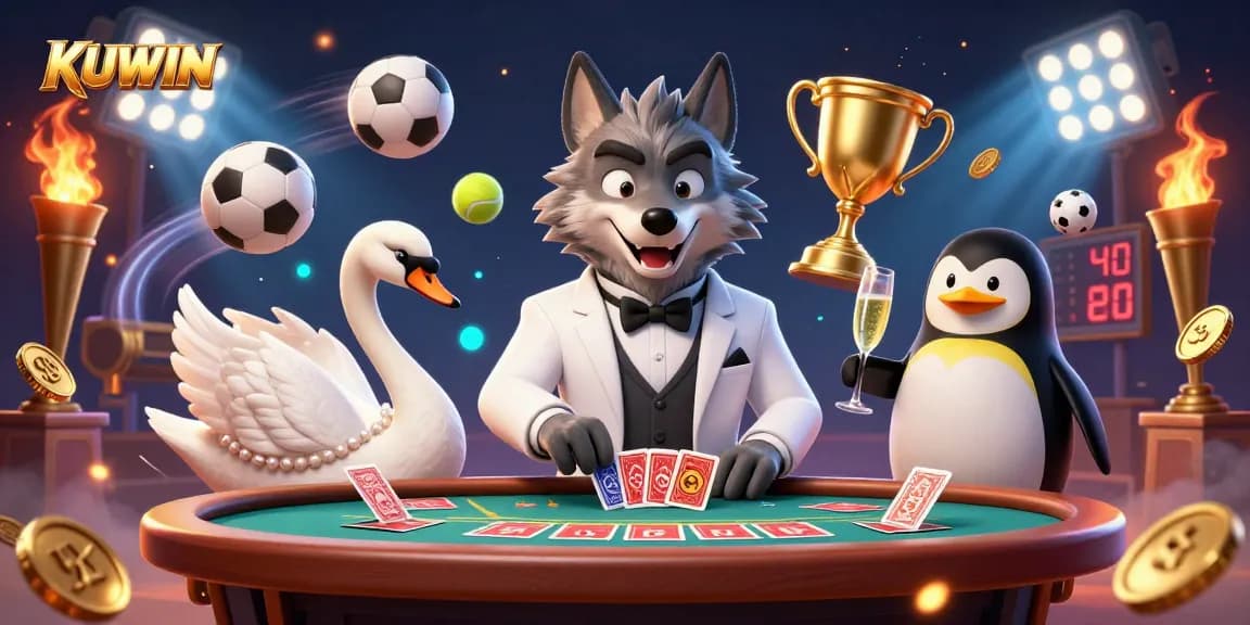 KUWIN enhances gaming experiences as a stylish wolf and elegant swan deal cards at a casino table.