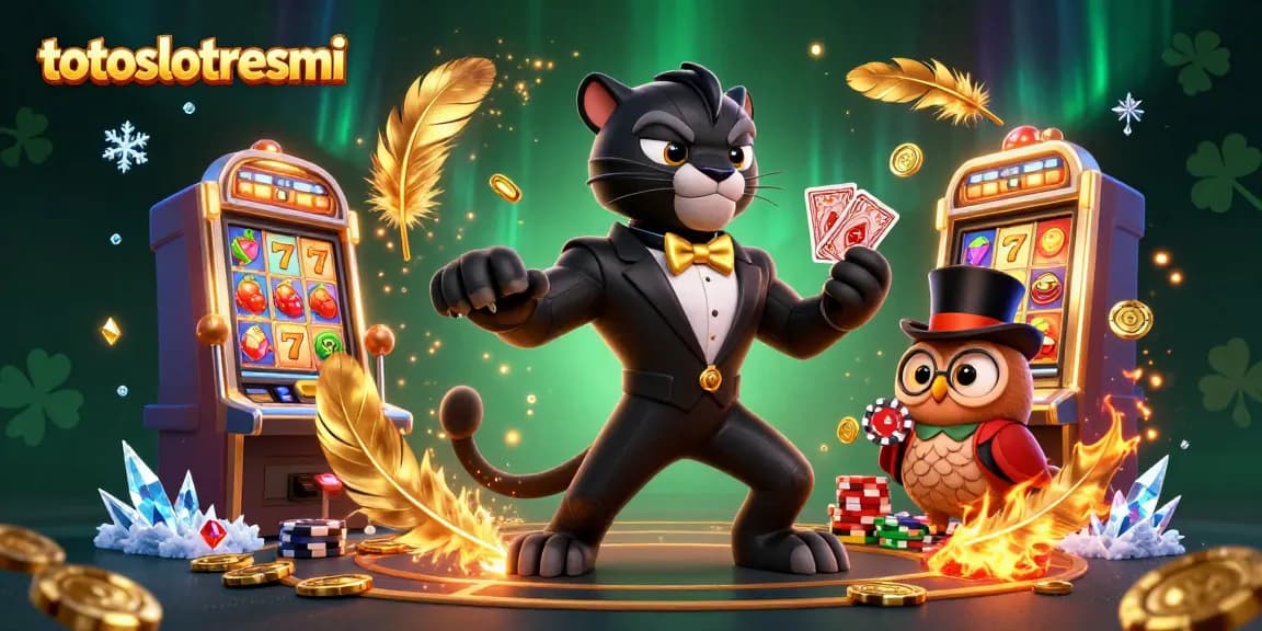 Experience thrilling wins with totoslotresmi in a dynamic 3D gambling scene featuring a tuxedoed panther, elegant owl, and lucky mouse.