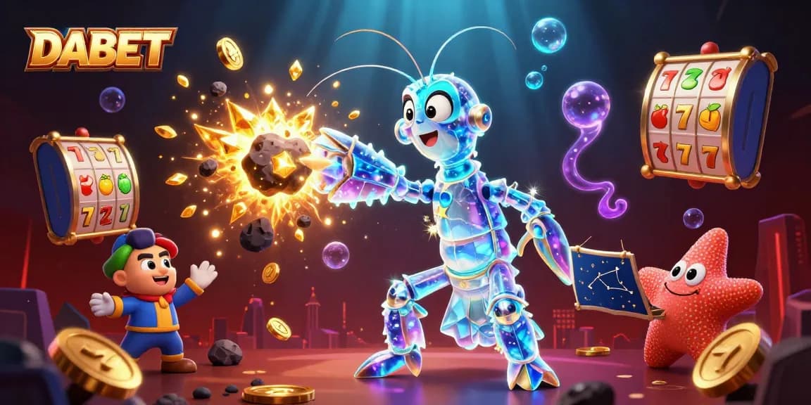 DABET brings luck with a vibrant 3D scene of a galactic mantis shrimp and starfish amidst slot reels