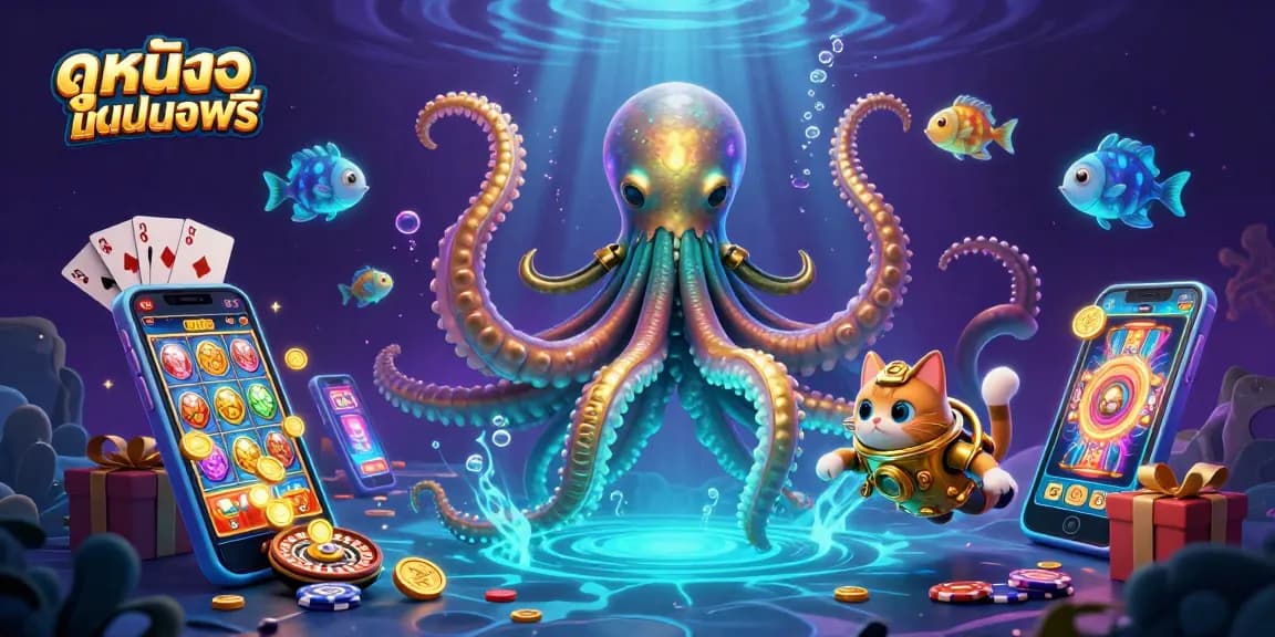 Spin the reels and win with ดูหนังออนไลน์ฟรี, featuring a kraken and diving cat in a vibrant casino scene.