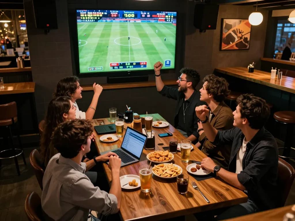 Friends engaging in sports betting excitement while watching the game and tracking kèo nhà cái with drinks and snacks