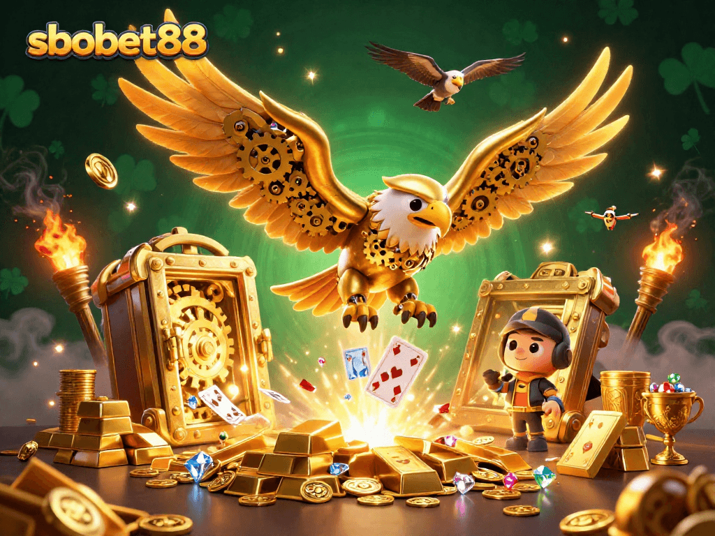 Experience sbobet88 with a cartoon golden eagle soaring through a vibrant casino scene.