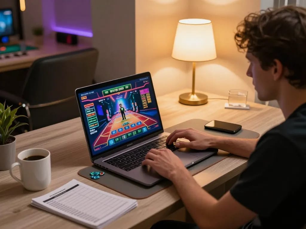 Engaged player using a laptop for casinos not on Gamstop with betting notes and warm lighting