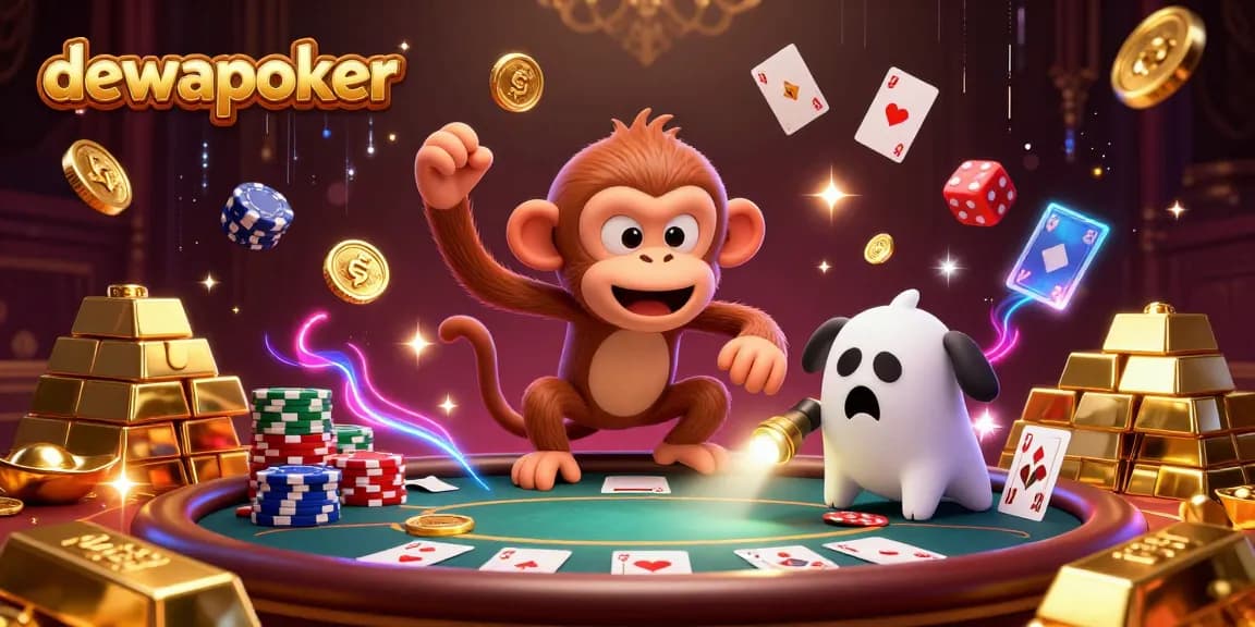 Dewapoker brings excitement as a playful monkey juggles poker chips and cards with a curious puppy tracking its magical casino charm.