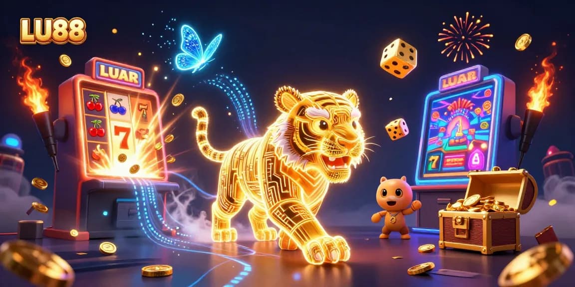 LU88 slots bursting with color and excitement in a dynamic casino scene with a golden tiger.