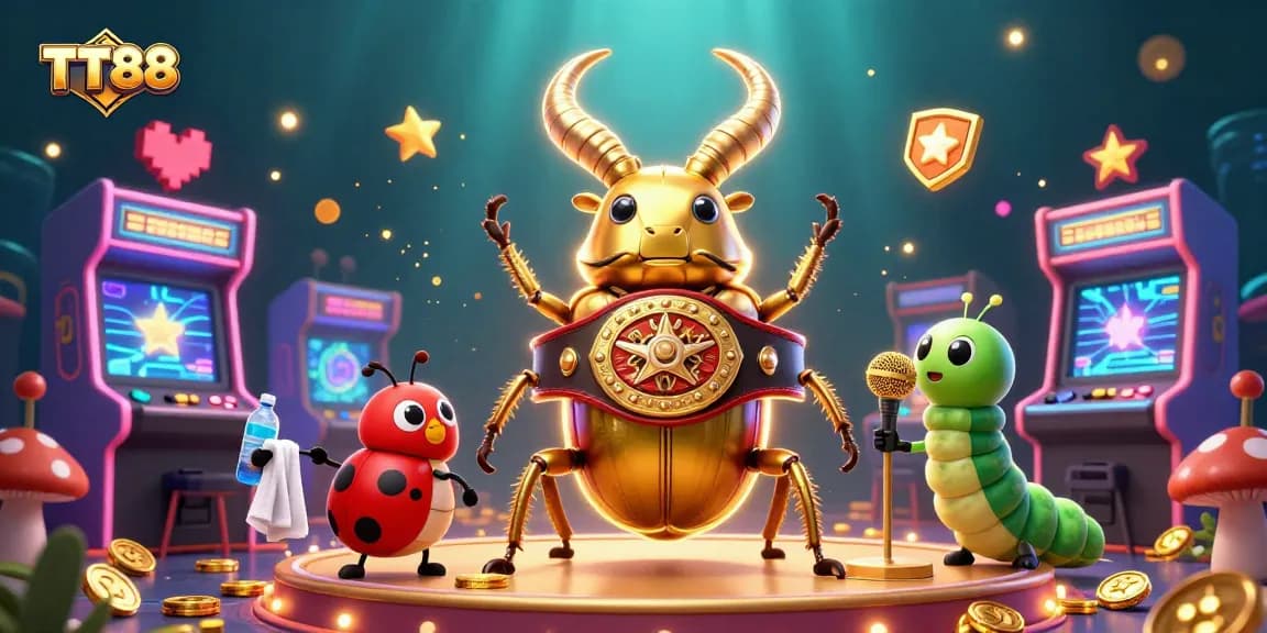 TT88 offers a dynamic gaming experience with a whimsical boxing match featuring a golden stag beetle and friends.