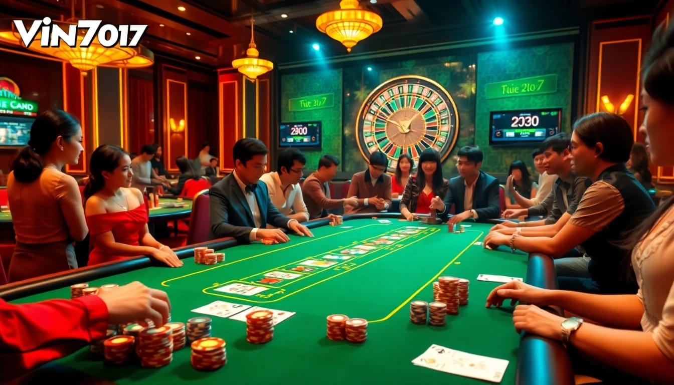 Engaged players at Vin777 casino enjoying vibrant poker and roulette games with modern technology.