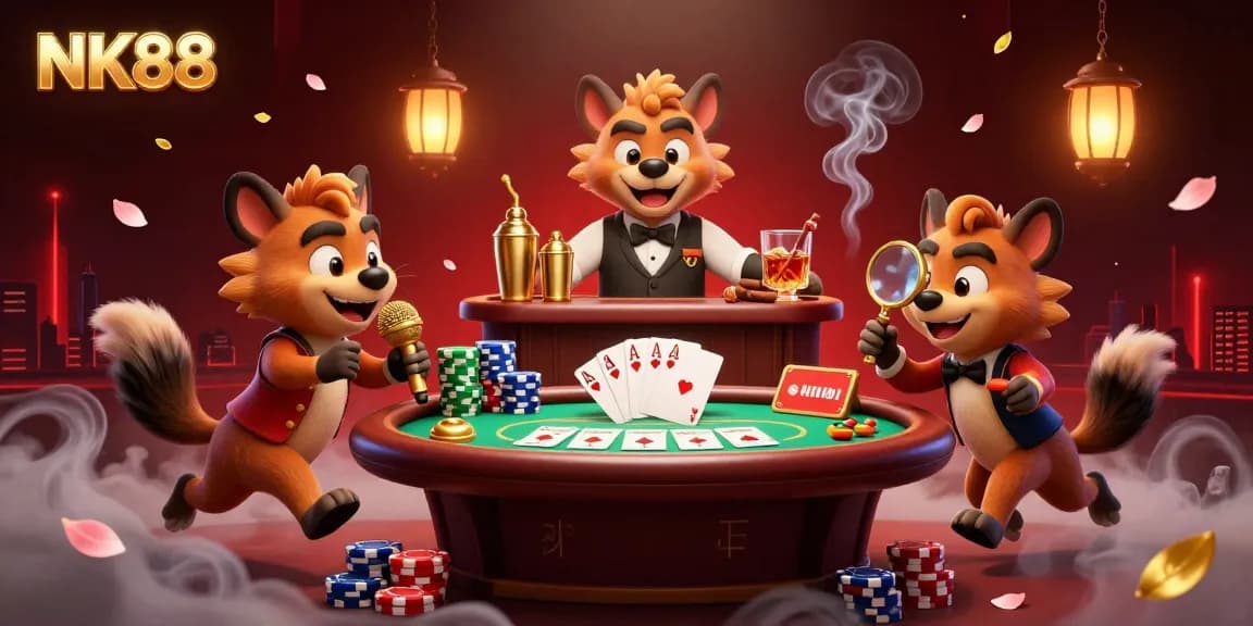 Experience the vibrant comedy atmosphere at NK88's all-in casino, with hyena characters mixed drinks and jokes.