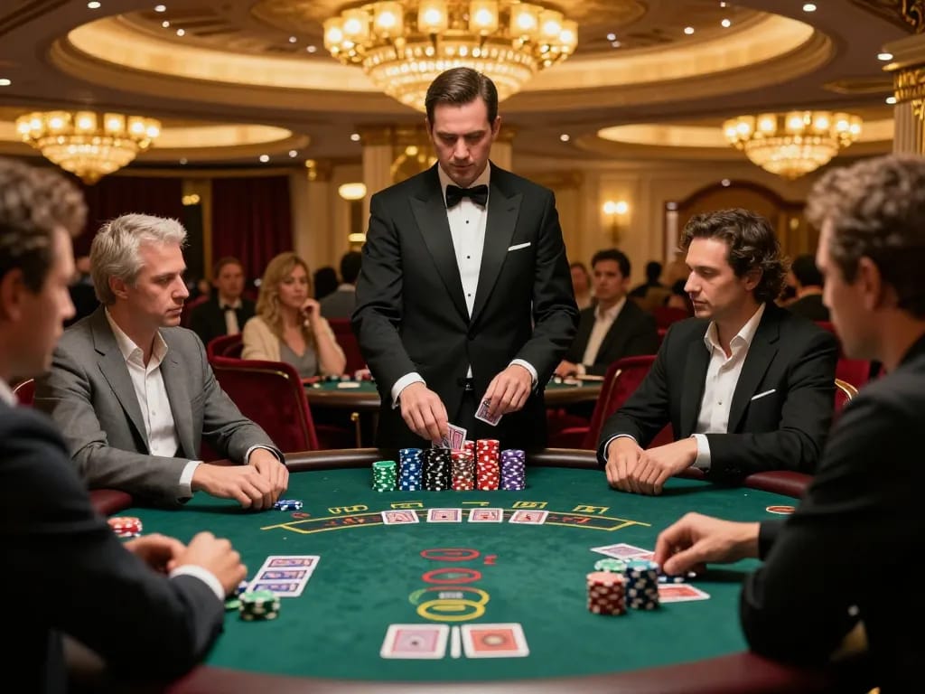 Players engaged in a high-stakes blackjack game at z16 luxury Vegas casino, showcasing strategic gameplay.