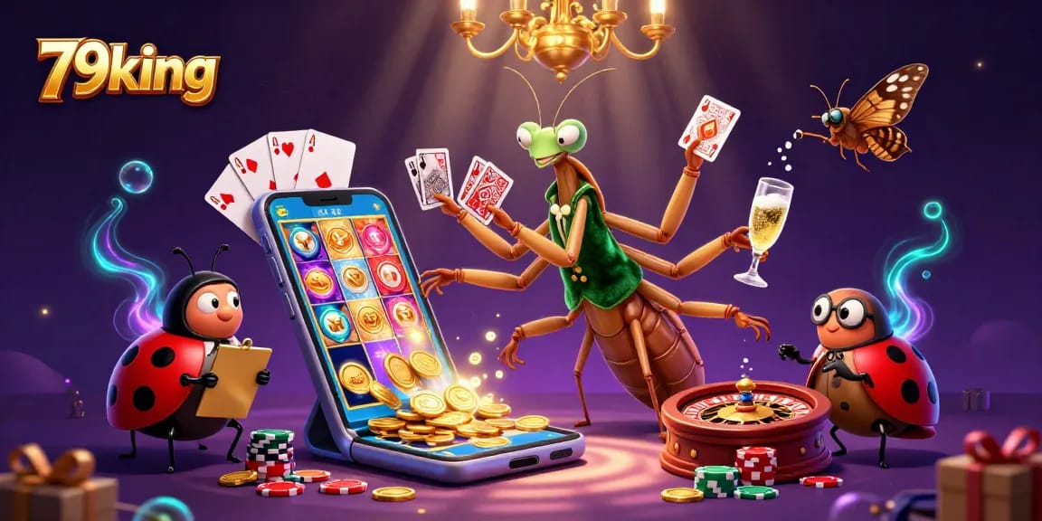 Engage with 79king's vibrant casino world featuring a mantis card sharp, ladybug pit boss, and dynamic gaming action.