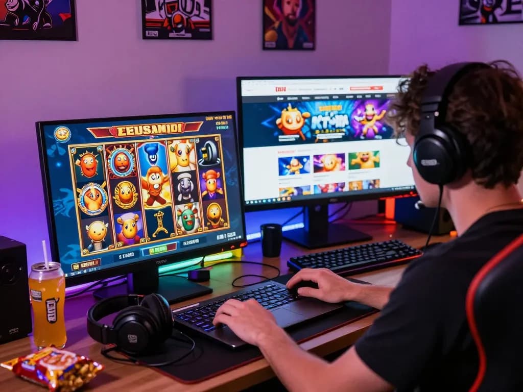 Engaged gamer enjoying slot games on Zeus138 website, showcasing colorful graphics and gaming setup.