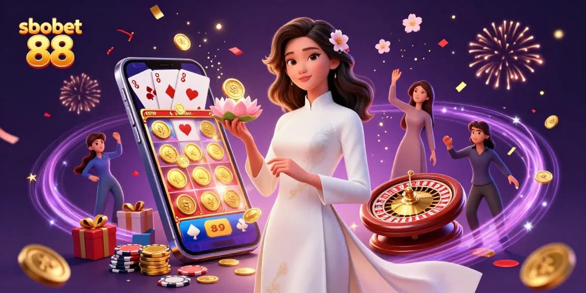 Engage with sbobet 88 through an enchanting illustration of casino games and an elegant woman in traditional attire, creating a vibrant atmosphere.