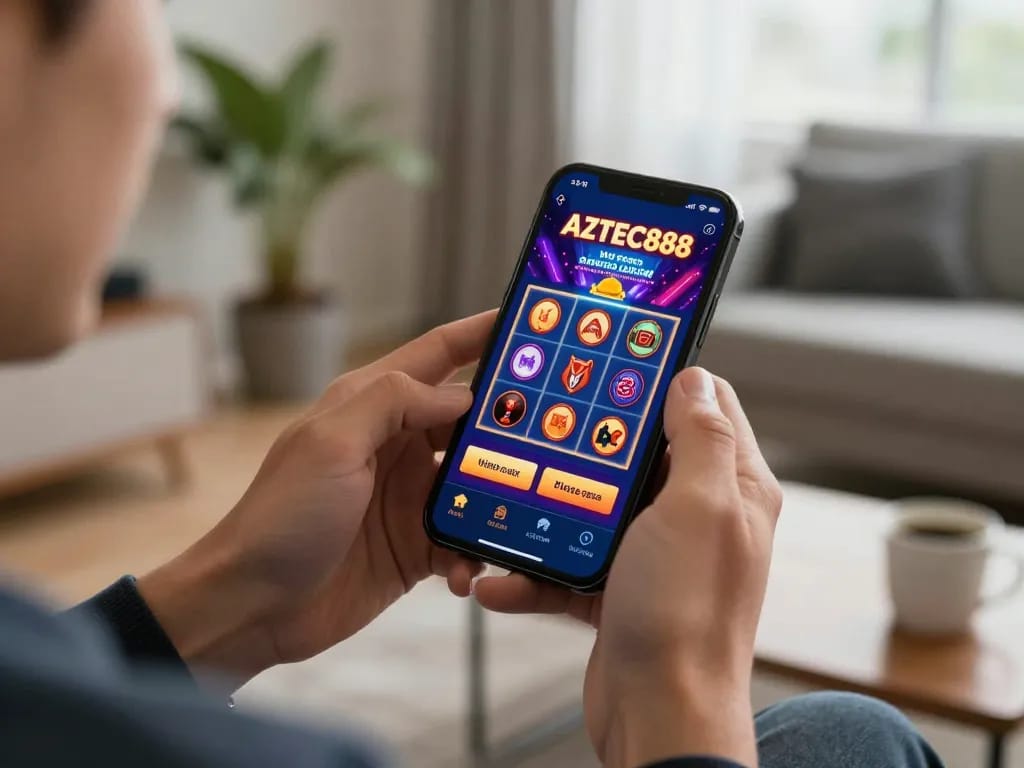 Engaging with AZTEC888 casino app on a smartphone during an exciting gaming session.
