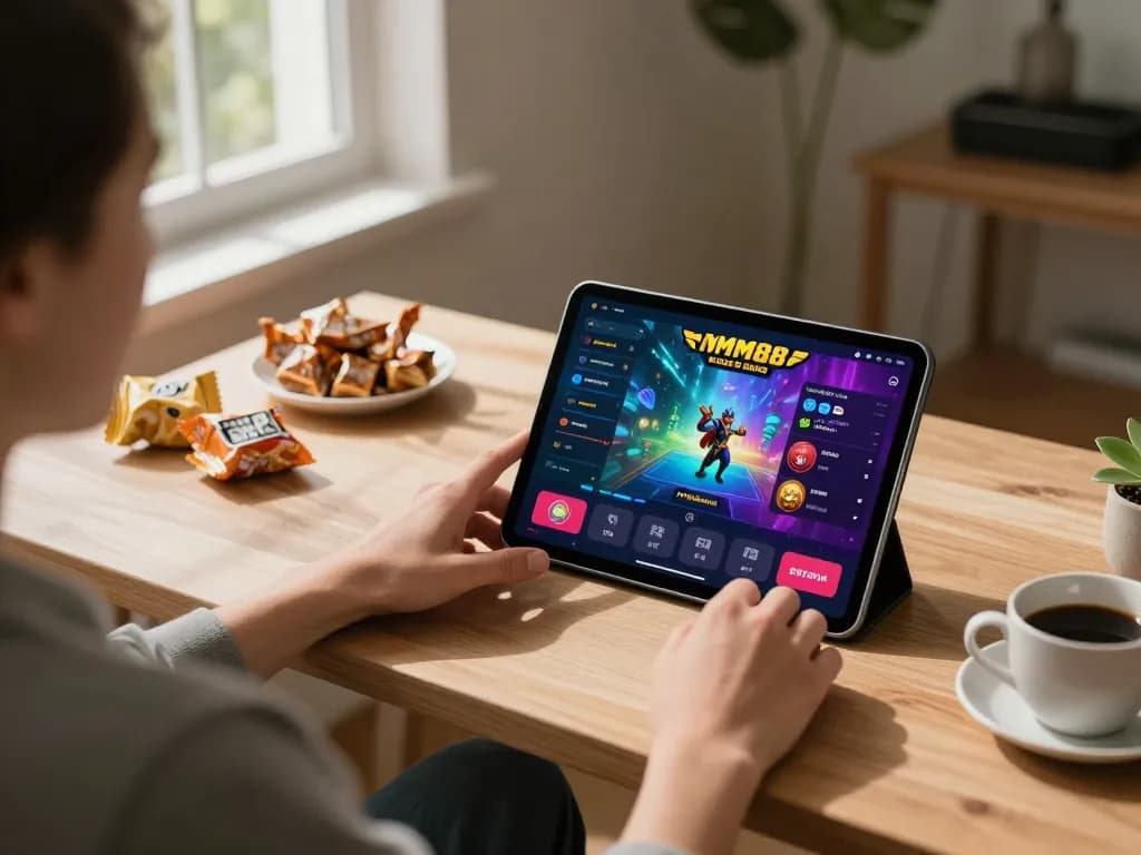 Engaging with MM88 casino app on a tablet in a cozy home setting