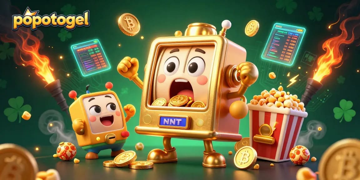 Experience popotogel excitement with this animated scene of jackpot celebration and digital currency elements.