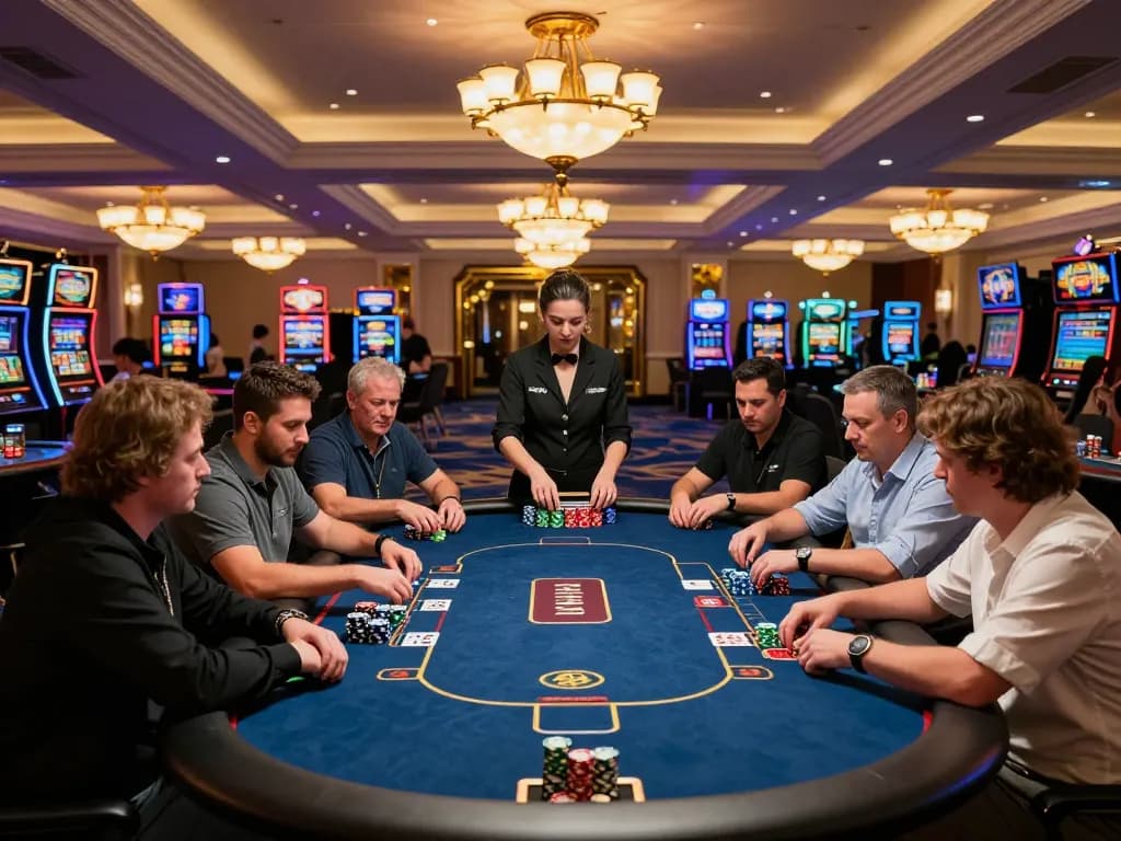Kuwin poker players engaging in an exciting game at a luxurious casino table with vibrant chips and warm lighting
