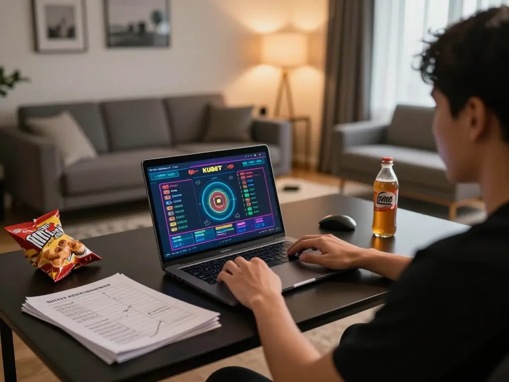 Engaging online betting on kubet with colorful interface in a cozy home gaming room