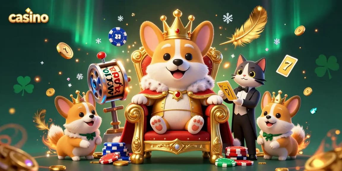 Engaging casino-themed 3D illustration featuring a royal corgi on a throne surrounded by gaming elements.