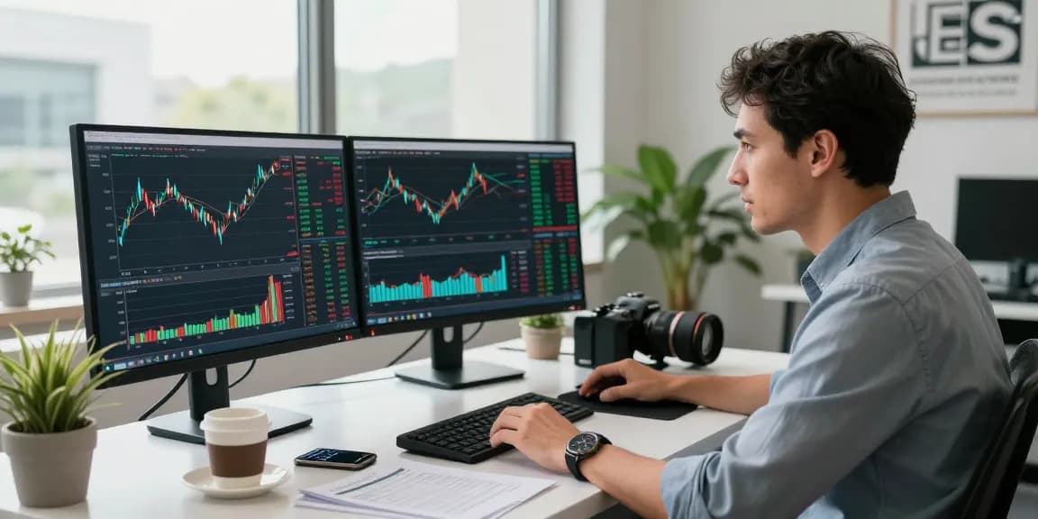 Scene showcasing Die Börse: Eine Einführung in die Welt der Investitionen with a trader analyzing stock market data in a modern office environment.