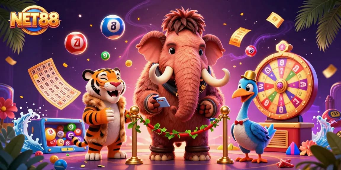 Experience NET88's vibrant lottery scene with dynamic characters and colorful game elements.