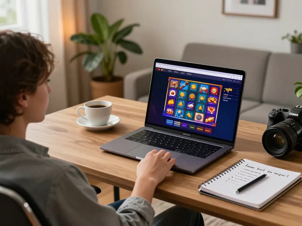 Player engaging with tg88 online casino on a laptop, showcasing vibrant slot games and strategic notes in cozy home office
