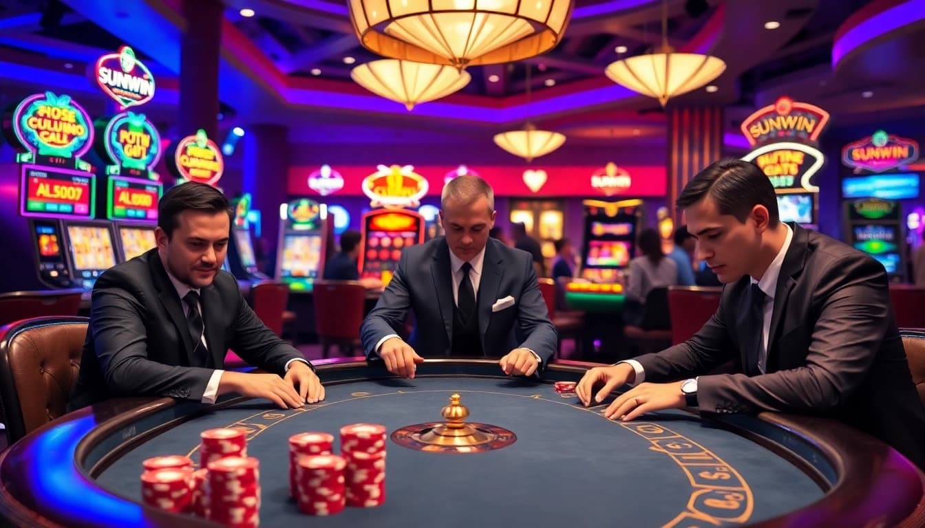 Sunwin players enjoying an exciting game of poker at a vibrant casino table.