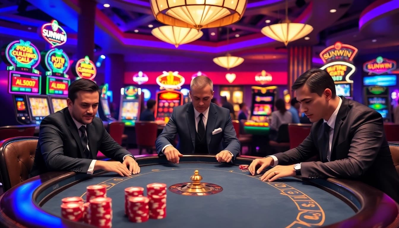 Sunwin players enjoying an exciting game of poker at a vibrant casino table.