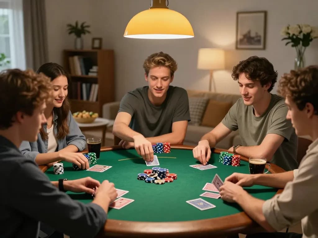 Engaging poker game with friends at home showcasing link w188 for a fun night.