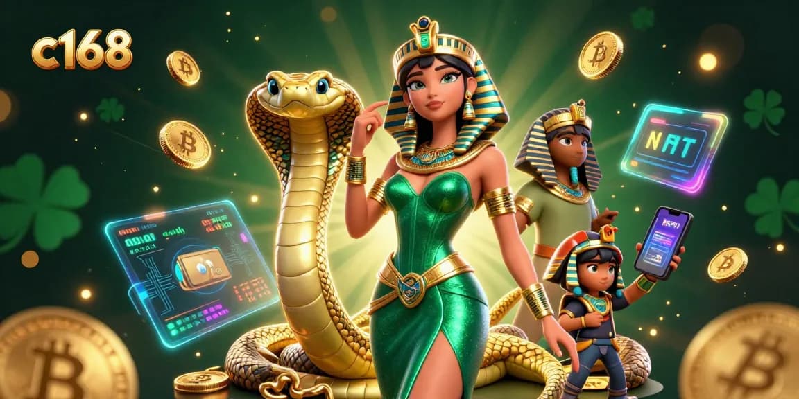 Experience winning moments at c168 with a stunning 3D woman and mystical cobra in a vibrant casino scene.