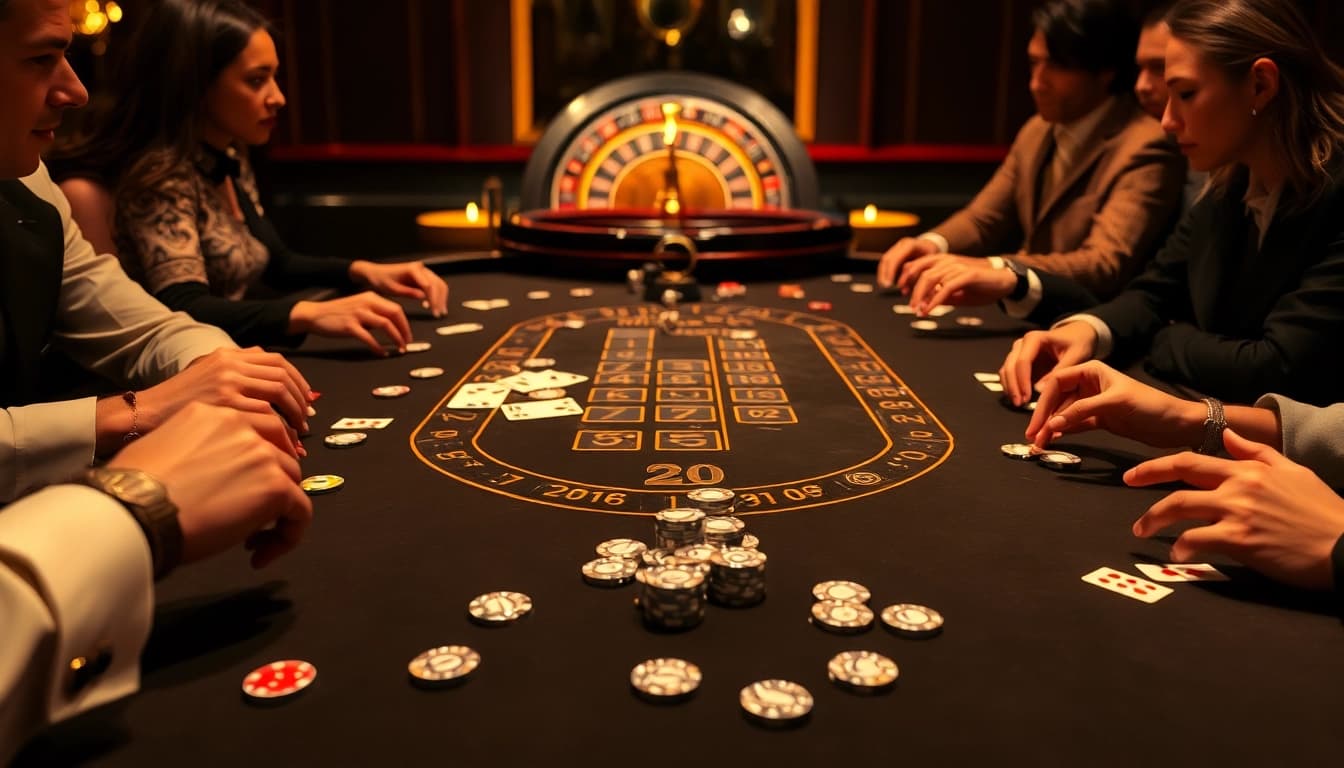 Players enjoying an exhilarating experience at the MK8 casino table with vibrant chips and cards.