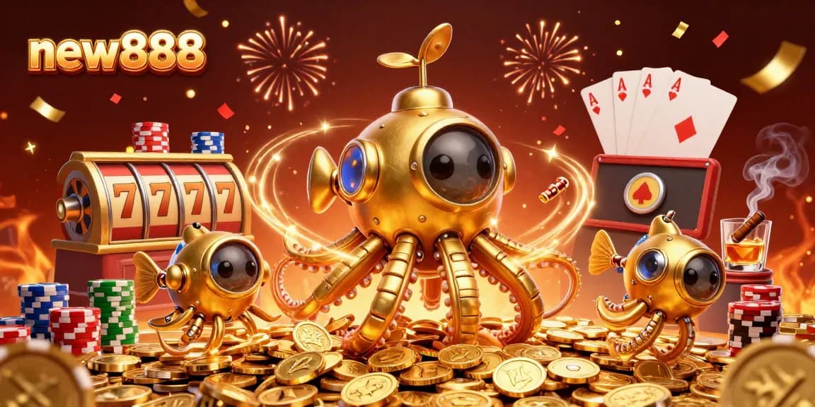 Engage in thrilling gameplay at new888 with golden kraken submarine amidst slot reels and poker chips.