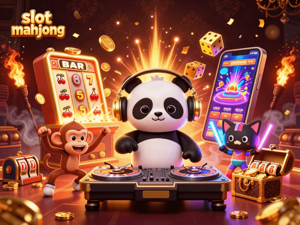 Engage with slot mahjong through a vibrant 3D illustration featuring a DJ panda and lively characters in a casino scene.
