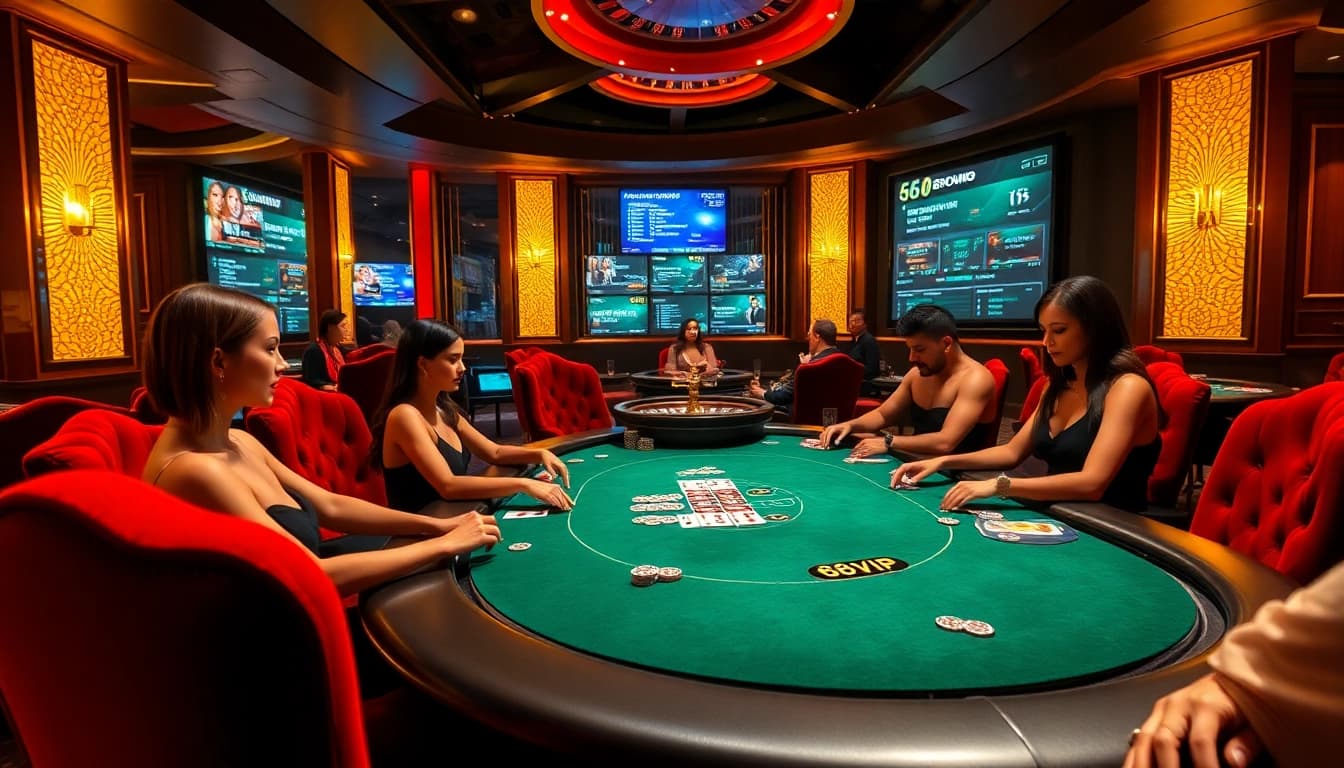 Experience high-stakes gaming at 68VIP's luxurious casino tables with glamorous players and winning moments.