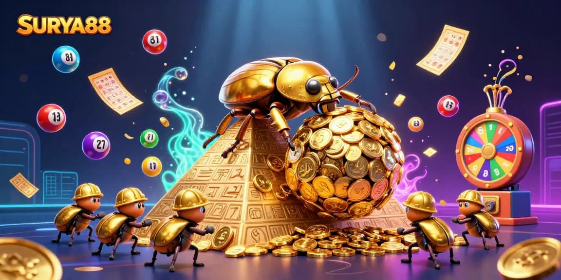 Engage with SURYA88's dynamic lottery excitement amid vibrant game elements and golden treasures.