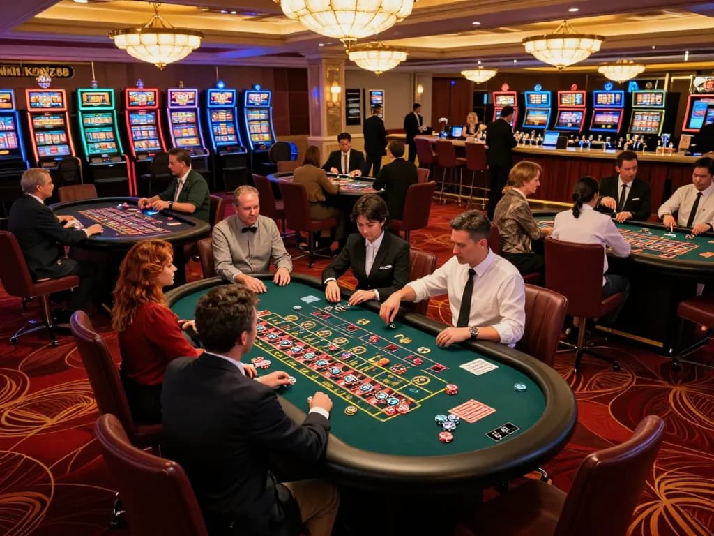 KONG 88 roulette players strategizing at vibrant casino, warm lighting enhancing excitement.