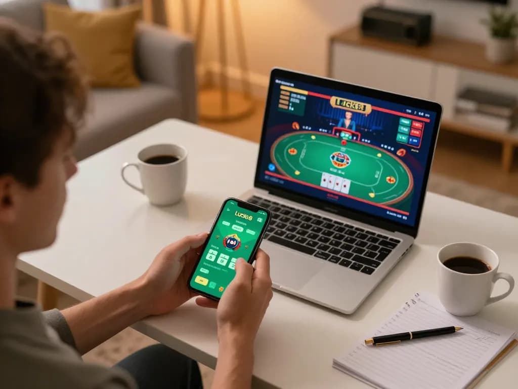 Người chơi sử dụng ứng dụng lucks8 trên smartphone trong không gian chơi game thoải mái tại nhà, thể hiện trải nghiệm casino trực tuyến