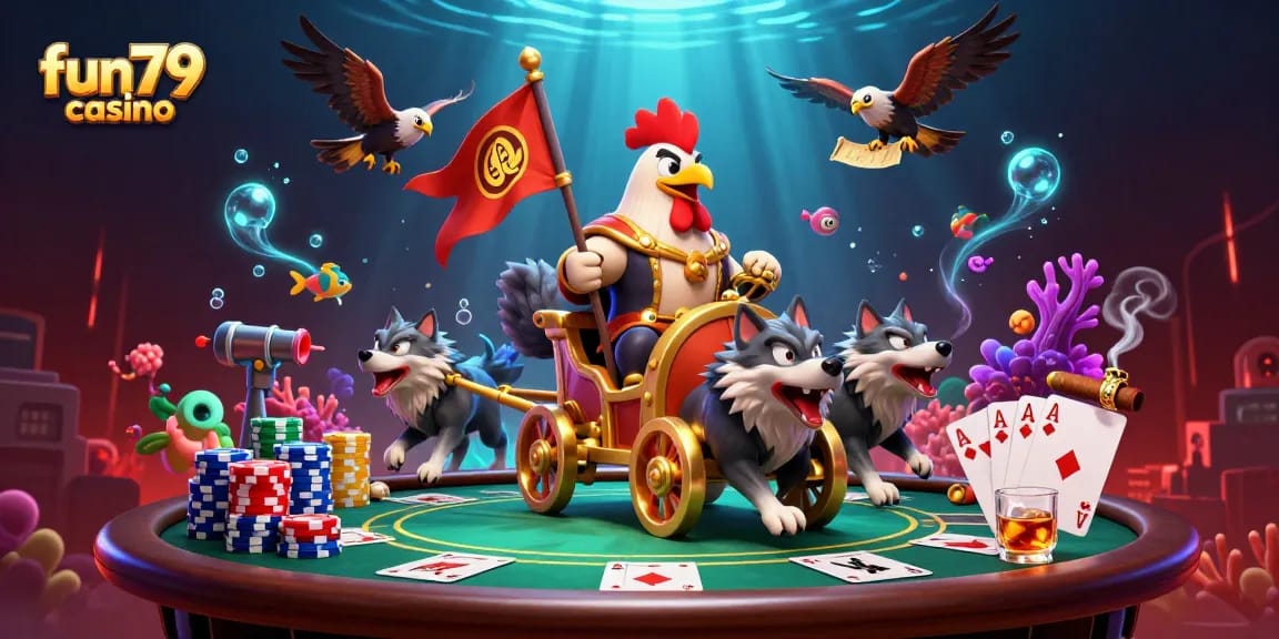 Engage in fun79 casino adventures with a vibrant underwater scene featuring a rooster warlord and poker elements.