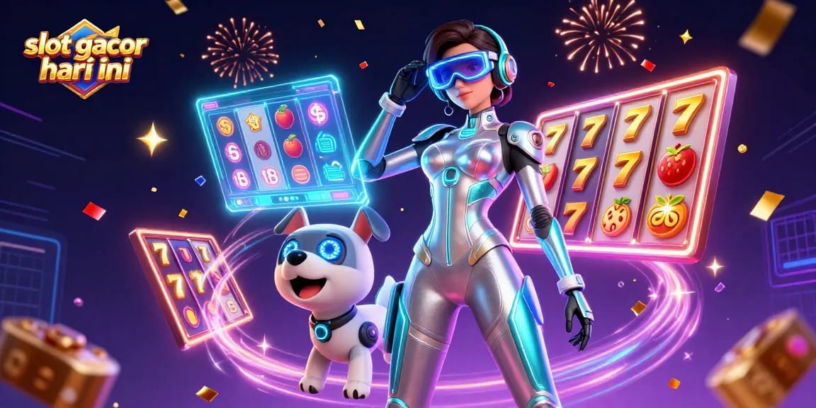 Rasakan keseruan slot gacor hari ini dengan adegan dinamis yang menampilkan elemen permainan interaktif dan suasana kasino futuristik.