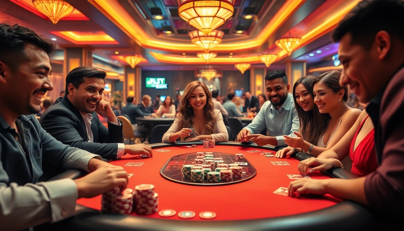Exciting poker game at a casino online table with enthusiastic players and vibrant ambiance.