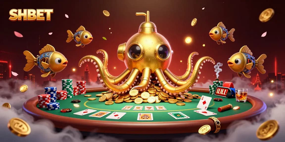 Experience thrilling gaming adventures at SHBET with a golden kraken submarine amidst poker and treasures.