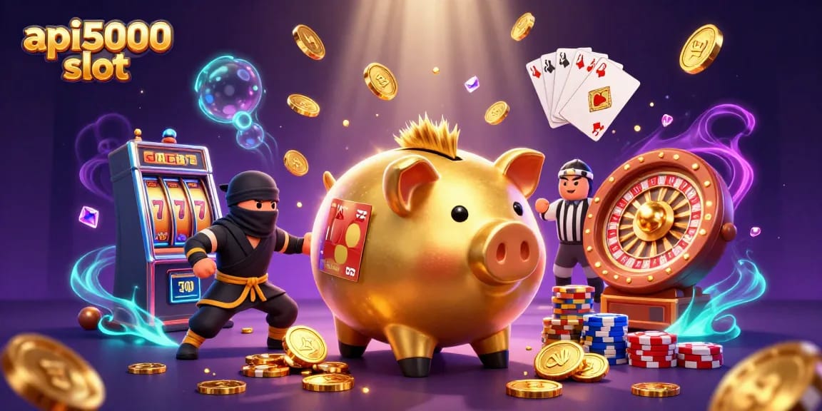 Gambar ilegal slot api5000 dengan karakter sumo, ninja, dan samurai dalam permainan kasino.