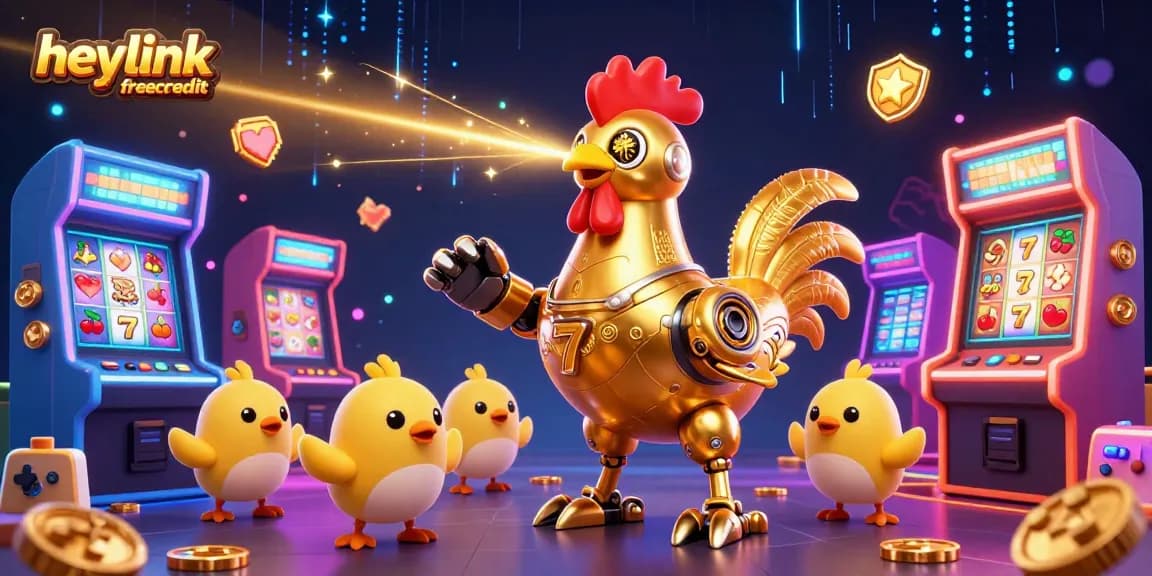 Spin the reels with heylinkfreecredit in a 3D gaming extravaganza featuring a golden rooster robot.