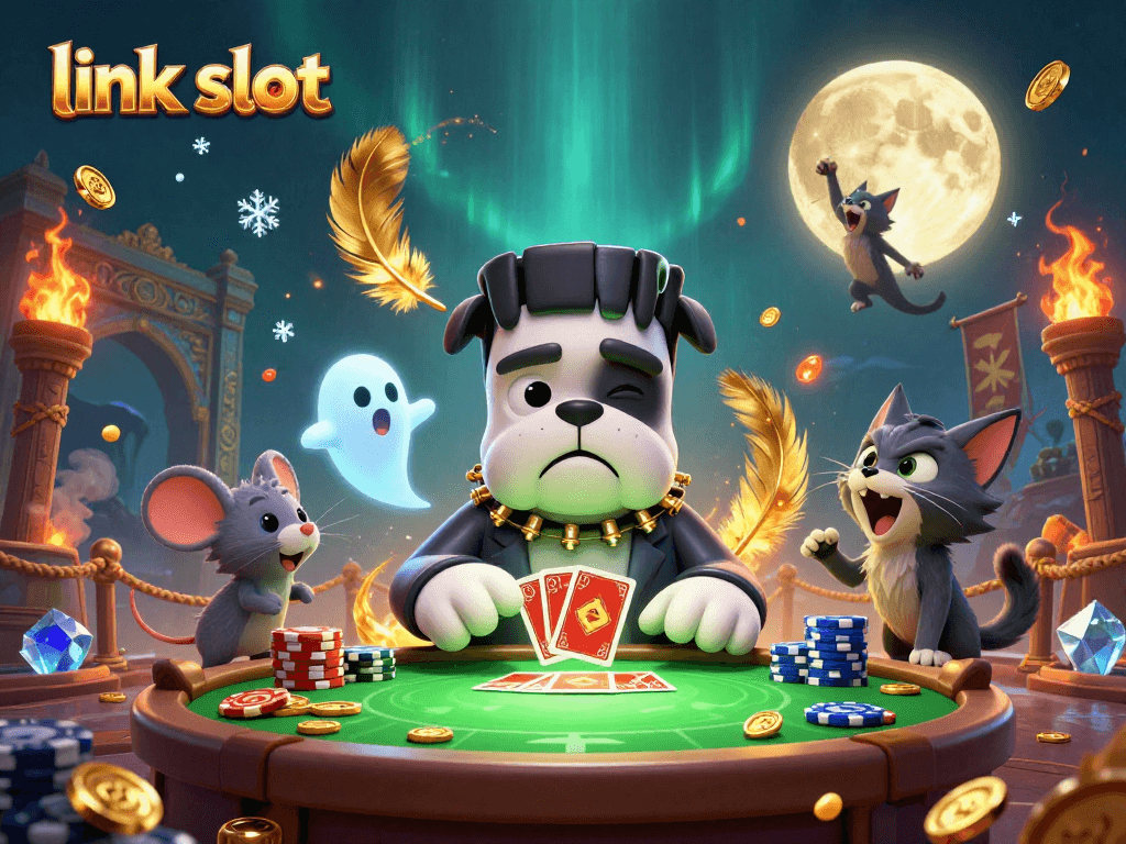 Engage with link slot at a spooky casino table featuring vibrant characters and dynamic game elements.