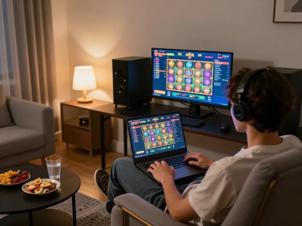 Engaging in thrilling slot toto gameplay in a cozy home setup with vibrant graphics.