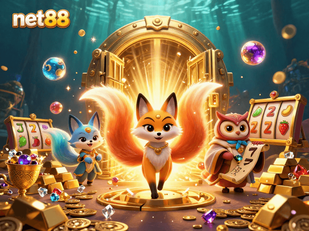 Players explore vibrant net88 gaming with a nine-tailed fox, treasure, and slot reels.